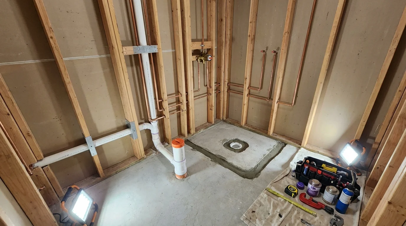 Bathroom rough-in plumbing during remodel by Johns Plumbing LLC in Haskins