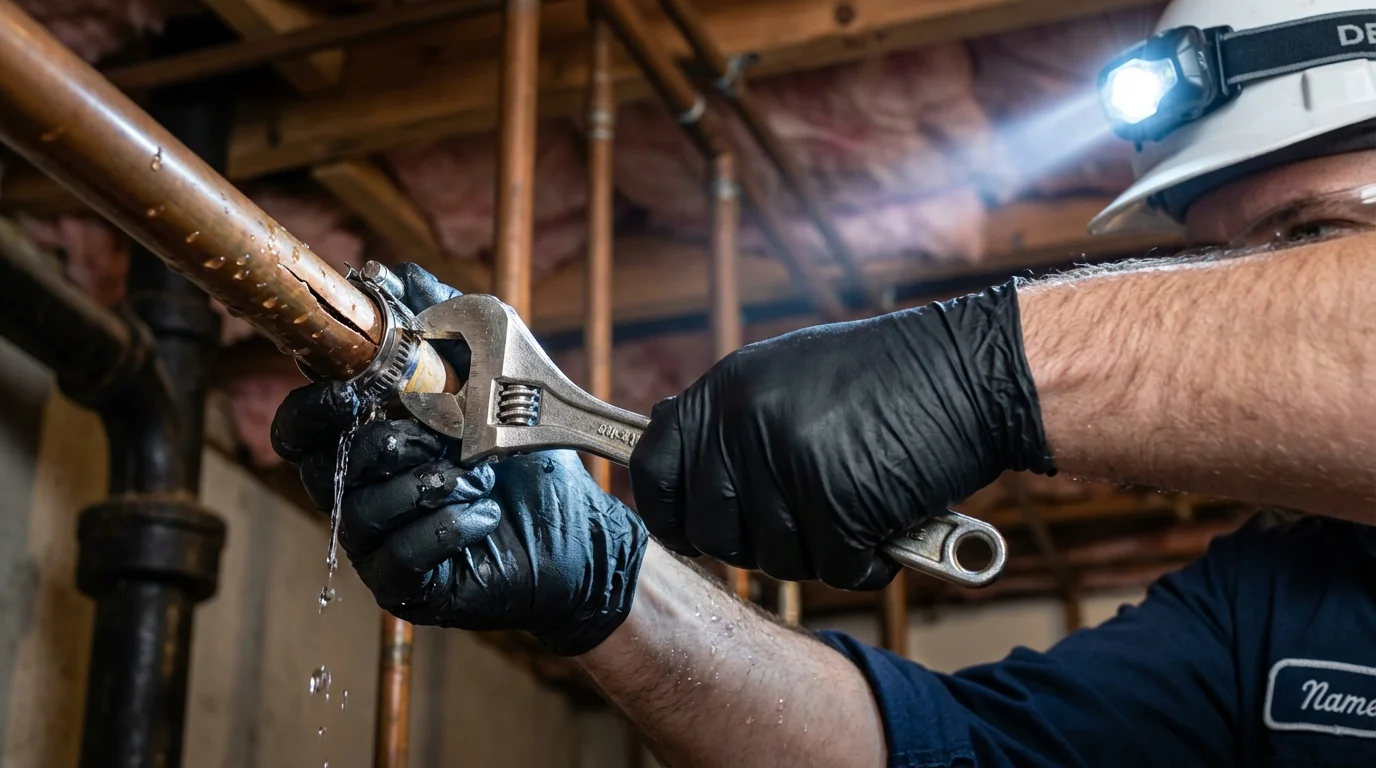 Emergency pipe clamp repair being performed by a Johns Plumbing LLC plumber in Haskins