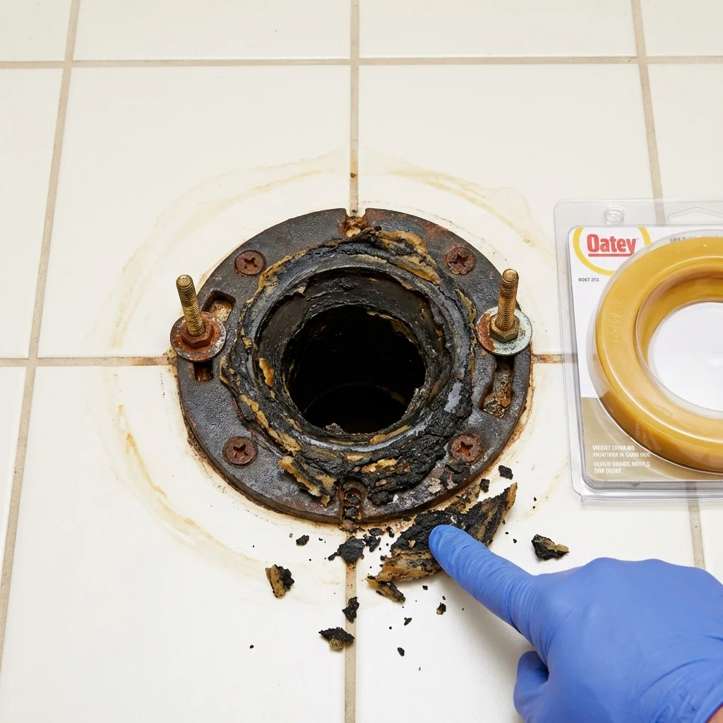 Failed wax ring showing water seepage at the base of a toilet in a Haskins, OH home