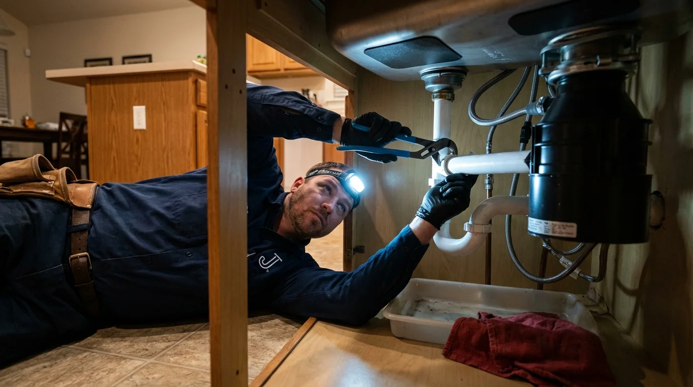 P-trap and supply line connections under a kitchen sink showing a common leak point in Haskins, OH